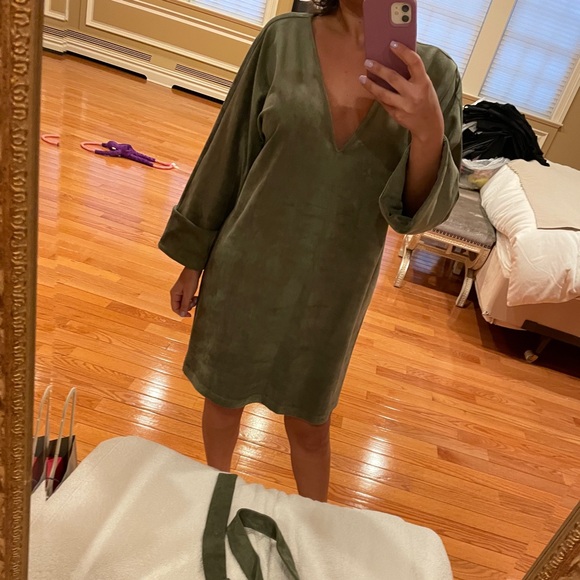 Olive Green Velvet Mini Dress - Picture 2 of 4